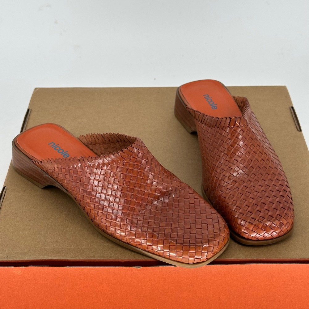 Nicole Woven Leather Basketweave Slip On Mules Square Toe Vintage 7.5 M